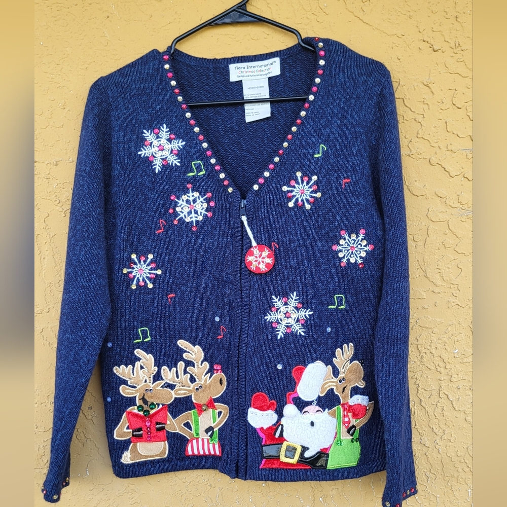 Vintag Christmas Sweater Tiara International Santa/Rudolph Front Zip Mediu Blue